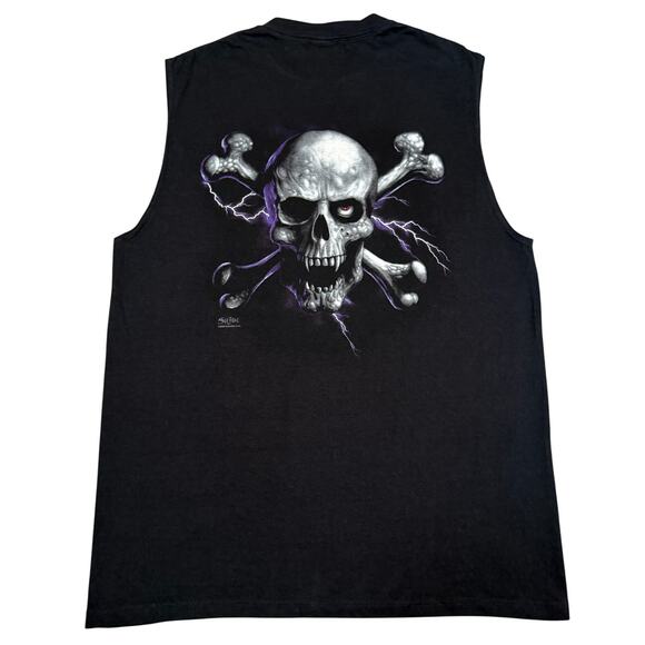 Vintage 2005 Skull Bone Biker Muscle Tee Lightning Skull Tank Top Black L Y2K - Picture 1 of 7